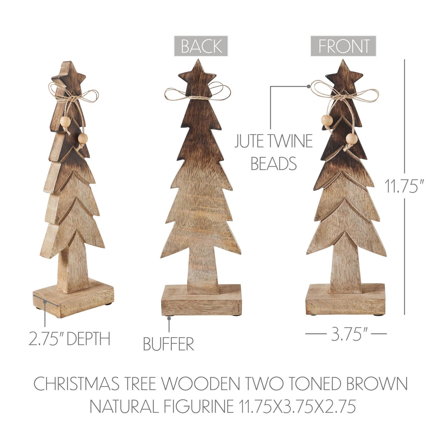Christmas Tree Wooden Two Toned Brown Natural Figurine 11.75x3.75x2.75
