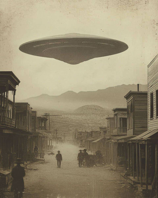 Vintage Flying Saucer Over Old West Town Art Print