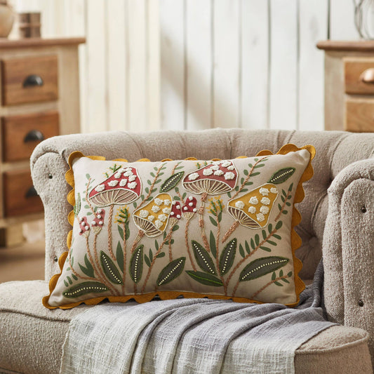 Embroidered Woodland Mushroom Pillow 14x20