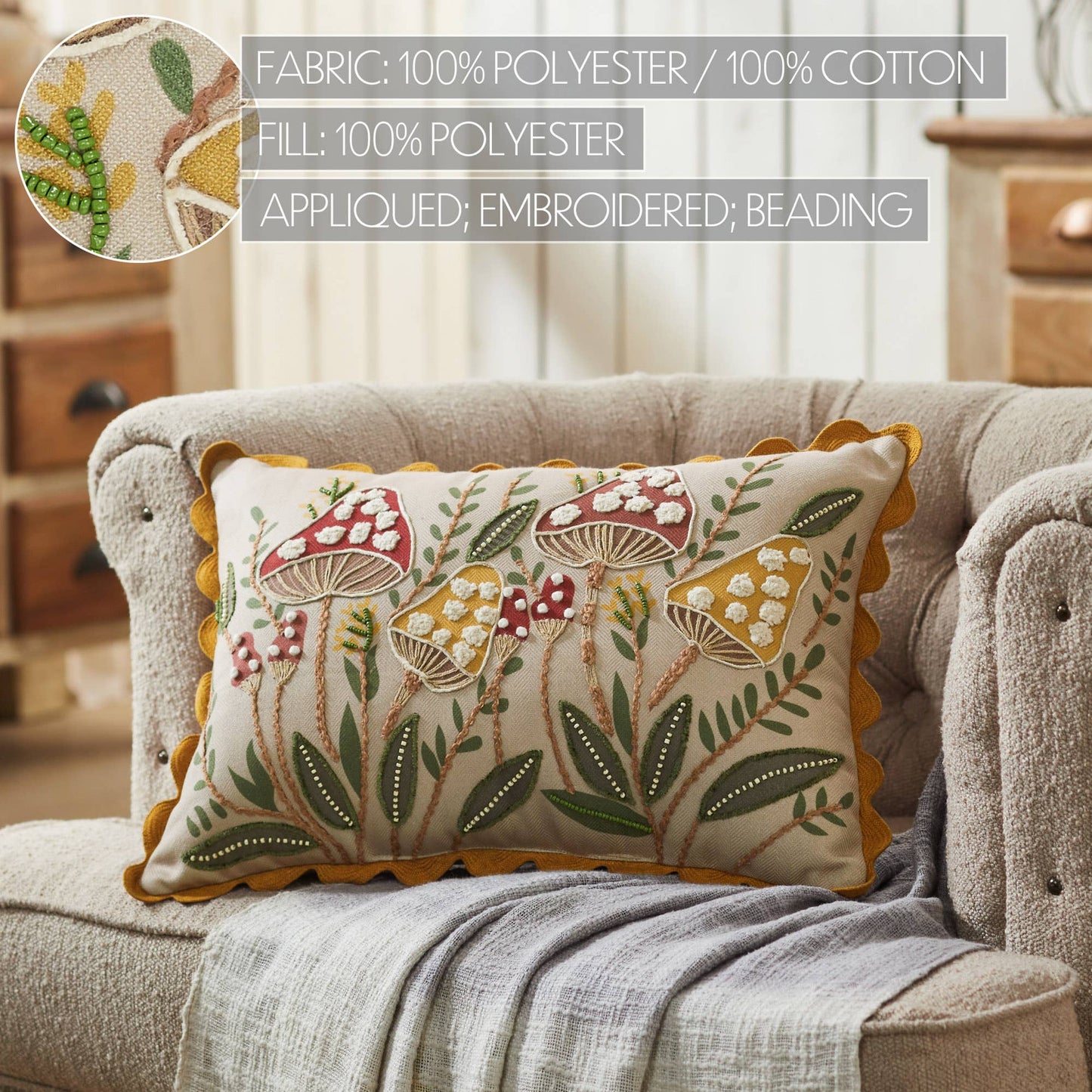 Embroidered Woodland Mushroom Pillow 14x20