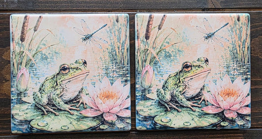 Frog and Lily Pad Sandstone Coaster, set of 2